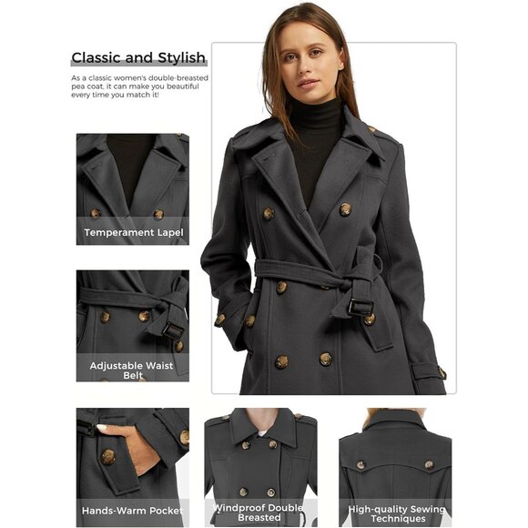 Women's Double Breasted Pea Coat Winter Mid-Long Trench Coat with Belt - Picture 5 of 6